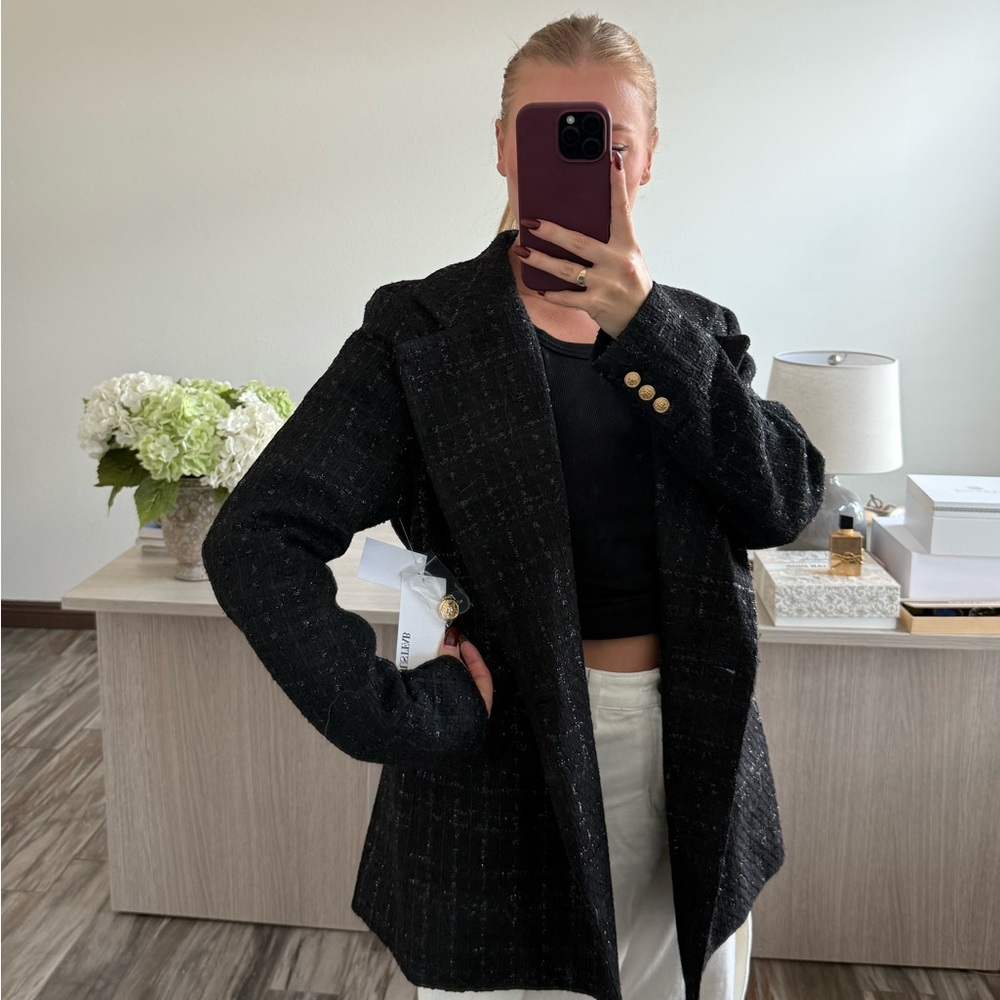 JustFab Black Tweed Blazer with Gold Buttons - Picture 2 of 9